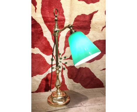 BANKERS LAMP, vintage American brass with green glass shade, 62cm H.