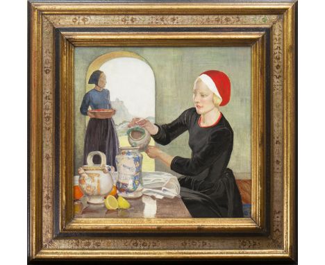 * AVERIL BURLEIGH (BRITISH 1883 - 1949), THE STILL ROOM oil on board 49cm x 49cm Framed Exhibited: London, James Bourlet & So