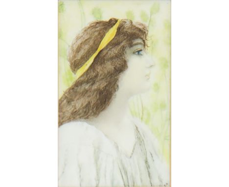 PRE-RAPHAELITE SCHOOL (19TH CENTURY), FEMALE PORTRAIT paint on porcelain, signed "EB" 12cm x 7cm Mounted, framed and under gl