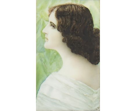 PRE-RAPHAELITE SCHOOL (19TH CENTURY), FEMALE PORTRAIT painting on porcelain, signed "EB" 12cm x 7cm Mounted, framed and under