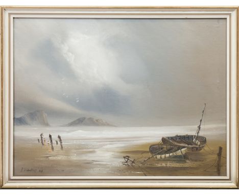 PAUL WINTRIP RA (ENGLISH 20TH CENTURY), RAZOR-CLAM FISHING BY LANTERN LIGHT, WITH BEACHED BOATS oil on canvas, signed 44cm x 