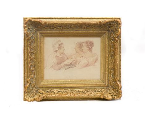 CHARLES HAYTER (ENGLISH 1761 - 1835), PORTRAIT OF THE ARTIST'S WIFE AND HIS TWO DAUGHTERS ink pencil and sepia wash in paper,