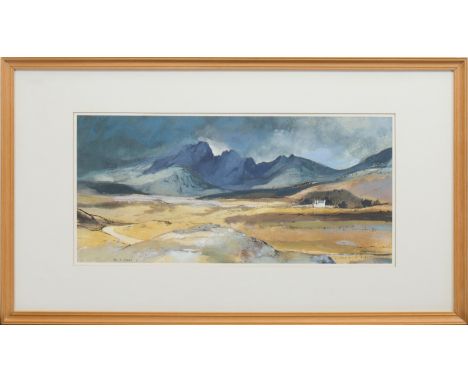 * TOM HOVELL SHANKS RSW RGI (SCOTTISH), SCOTTISH LANDSCAPE WITH HOUSE mixed media on paper, signed 24cm x 52cm Mounted, frame