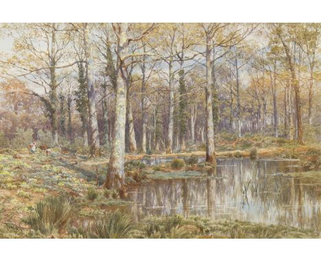 THOMAS(TOM) HUNN (BRITISH 1857-1928), PICKING PRIMROSESwatercolour on paper, signed27.5cm x 41cmMounted, framed and under gla