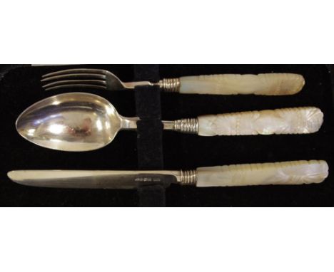 Georgian sterling silver christening set comprising of a knife fork and spoon in a case, hallmarked Birmingham 1827