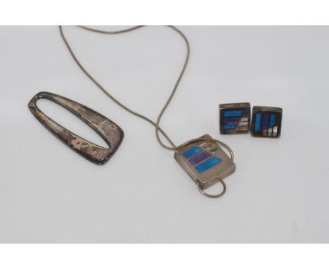 Scottish silver Malcolm Gray signed enamel set of pendant and earrings with blue and purple enamel on silver, together with a
