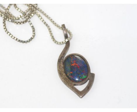 Silver and opal pendant on silver box chain