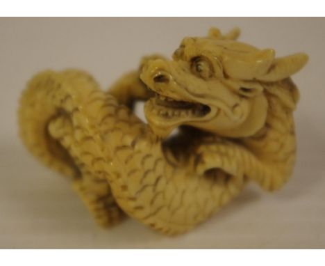 Japanese antique carved ivory netsuke, C:1920 dragon, H3cm approx