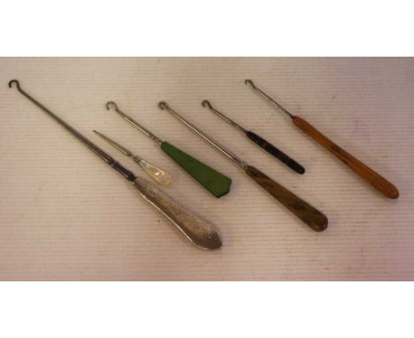 Victorian sterling silver handle button hook hallmarked London 1887 (Thomas Johnson II), 4 other button hooks and a crochet h