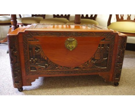 Chinese carved camphor wood trunk 92.5cm x 42.5cm, 49.5cm high