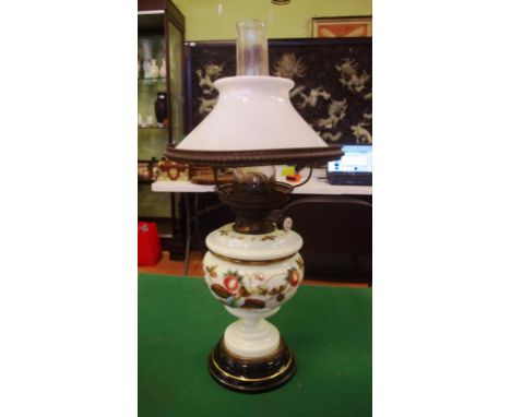 Late Victorian English kerosene lamp with hand painted glass reservoir and stand , fitted with Duplex burner, 55cm approx