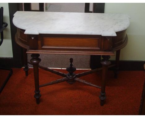 Dutch Colonial marble top console table with turned supports and stretches, 114cm wide, 52cm deep, 75cm high