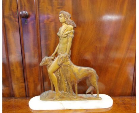 Art Deco 'Diana & the hounds' bronze on alabaster base, base has old crack, 43cm high approx.