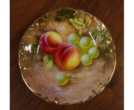 Royal Worcester handpainted dish peach, grape & gilt decoration, signed, 11cm diameter approx.