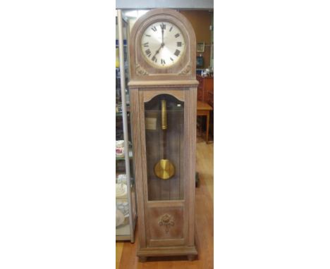 Art Deco German grandfather clock (Württemberg) with weight driven chiming movement and limed dome top case, 194cm high
