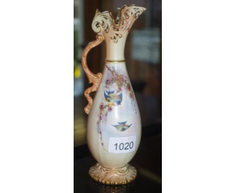 Locke & Co Worcester blush ivory ewer vase decorated with hand painted birds and flowers, H22cm approx (as inspected)