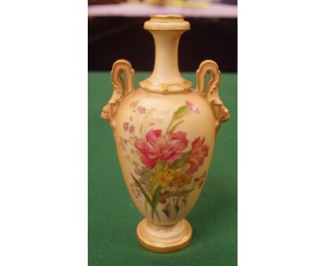 Royal Worcester porcelain blush ivory vase with lion mask handles, hand painted decoration depicting summer flowers, no. 1399