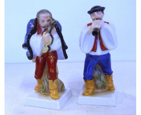 Two Herend gentleman porcelain figurines both playing musical instruments, H14cm approx (tallest)