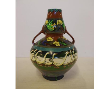 Wileman & Co (Shelley) "Intarsio" 2 handle vase decorated with a line of geese and art nouveau flowers and foliage, 30cm high