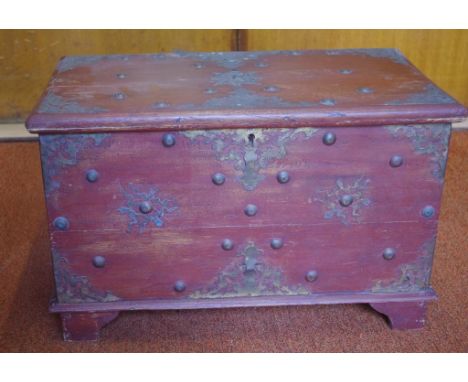 Antique Eastern small trunk with pierced brass decoration, lid detached, 61cm wide, 38cm high