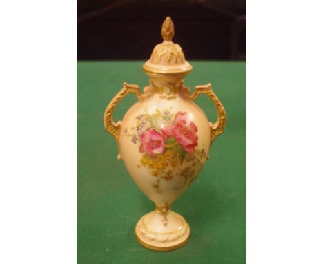 Royal Worcester porcelain blush ivory lidded vase painted poppies and wheat, circa 1910,No. 2209, marks to base, 17cm high ap