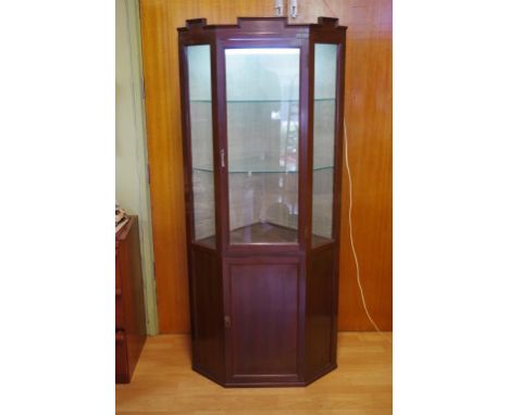 Chinese rosewood corner display cabinet with illuminated glass shelf display section above am enclosed storage compartment, 7