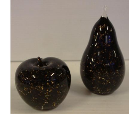 Two Wedgwood art glass fruit paper weights in the shape of a pear and an apple, H12cm approx (largest)
