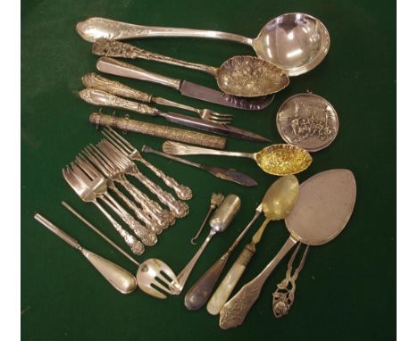 Quantity of silver plated flatware including Dutch spoons, MOP fork, together with Dutch silver mirror