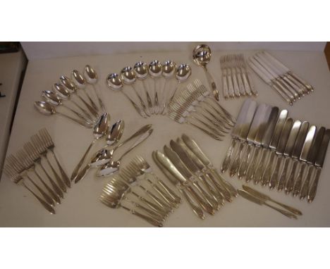 Sixty seven piece silver plated cutlery set 6 main knives, 6 main forks, 6 entree knives, 6 entree forks, 6 fish knives & for