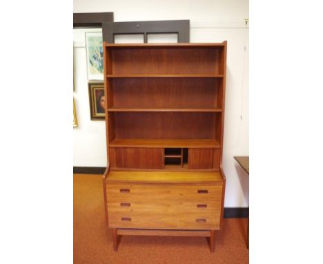 Retro servery cabinet with open shelves above sliding doors compartment (1 jammed), pull out shelf and a lower 2 door cupboar