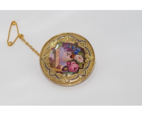 Good enamel scenic brooch with gold plate surround