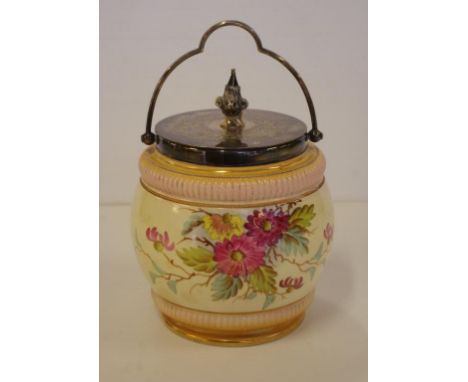 Victorian English ceramic biscuit barrel with hand painted floral design to bath sides and silver plated fittings, 21cm high 