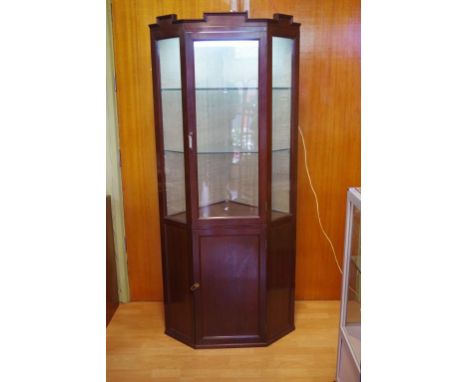 Chinese rosewood corner display cabinet with illuminated glass shelf display section above am enclosed storage compartment, 7