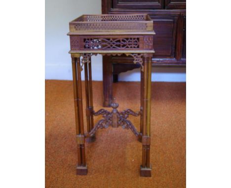 Small fretwork tea table with slide out shelf, 33cm x 33cm, 67.5cm high