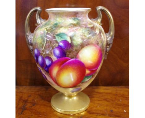 Royal Worcester twin handle fruit vase signed Freeman, H16.5cm approx