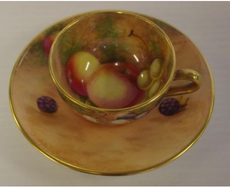 Royal Worcester signed miniature cup and saucer hand painted with fruit decoration, 8.5cm wide
