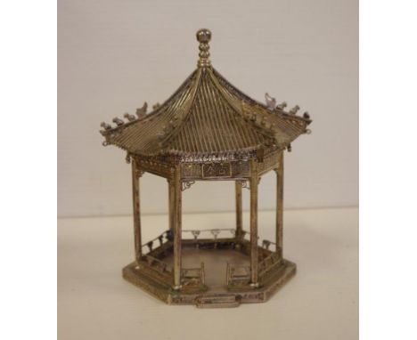 Chinese silver pagoda tea caddy (tested 950/1000 purity) with impressed mark to base, liner missing, 9cm x 9cm, 13cm high app