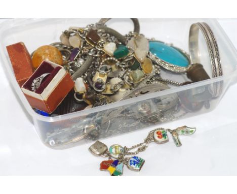 Enamel charm bracelet, cuff marked 925 together with various other jewellery
