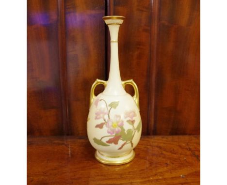 Royal Worcester blush ivory vase handpainted & twin handled, 21cm high approx.