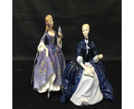 FIVE ROYAL DOULTON CRINOLINE FIGURES along with another ceramic figure and two character jugs 