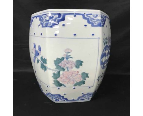 CERAMIC VERANDA SEAT AND THREE CHINESE PRINTS 