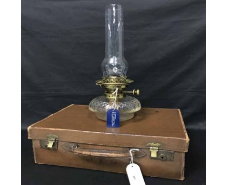 SMALL LEATHER CASE also two small jewellery cases, small group of table linen and a part glass oil lamp