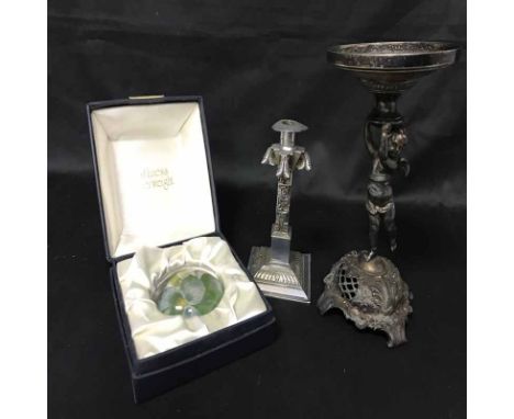 LOT OF COLLECTABLEScomprising two paperweights, a microscope, a centrepiece, a stein, two silver topped jars, etc.