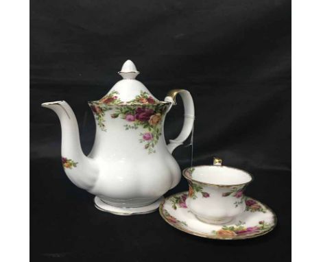 ROYAL ALBERT OLD COUNTRY ROSES COFFEE SERVICE comprising coffee pot, sugar and cream, six coffee cans, saucers and side plate