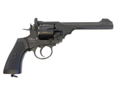 Webley .177 CO2 revolver air pistol, MkVI .455 Service model, with box and six cartridge pellet holders, serial number 15M228
