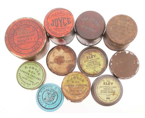 Eight vintage percussion cap tins and contents by Eley an Joyce, also three mid 20th century tins of caps. FACE TO FACE HAND 