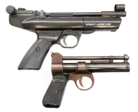Two Webley air pistols, to include a .177 Junior, cylinder number 888 and a .22 Hurricane. No licence required to buy this it