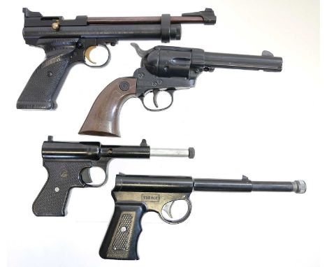 Four pistols, to include a Crosman 2240 .22 CO2 air pistol serial number 507B00037, a Daisy .177 BB SAA copy, a Harrington an