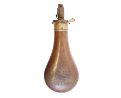 Copper and brass powder flask by M. Marsh of Sheffield, with finely adjustable spout throwing loads calibrated in drams and g