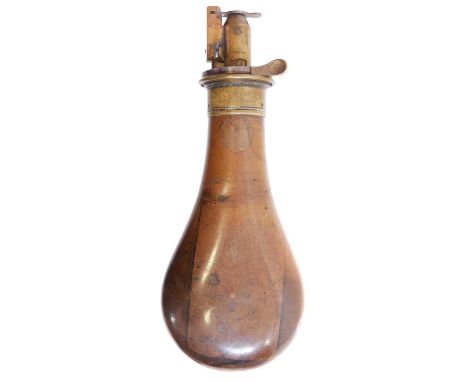 Copper and brass powder flask by M. Marsh of Sheffield, with finely adjustable spout throwing loads calibrated in drams and g